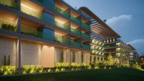 Add more aesthetic value to the exterior render of hotel building set in a hilly terrain with dense vegetation. RETAIN MODEL GEOMETRY. Add softness and radiance in the image with greens in balcony.,a 