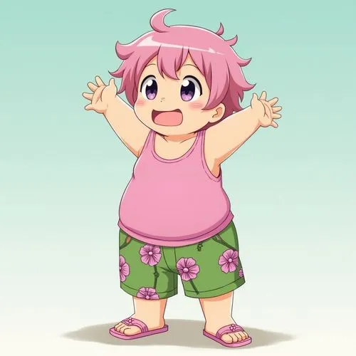 Happy anime chubby boy with short pink hair wearing a pink tank top in green swim trunks with purple flowers printed on it in pink sandals ,an illustration of a girl with pink hair and flowers,yotsuba