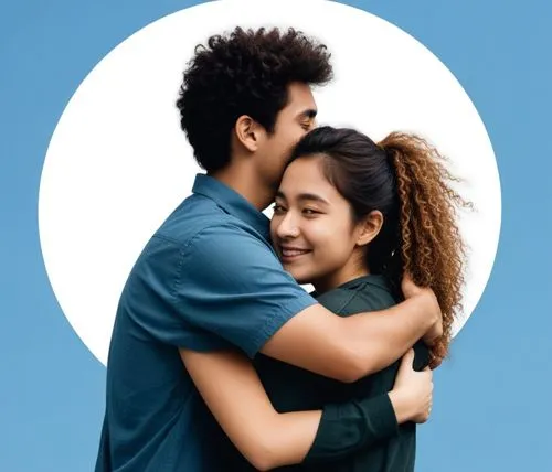 a man and woman hug while standing next to a blue background,kizomba,francella,lakorn,oxytocin,luar,young couple