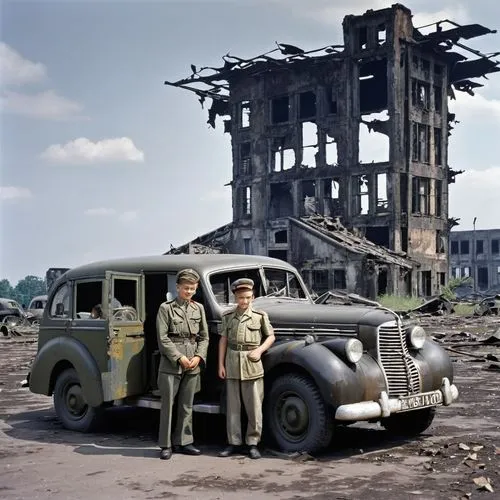 a young school boy, his 13 years old girlfriend, his father , 35 in USAAF outgoing uniform, in summer 1945 at ruined big Tempelhof City Airport, Berlin, Germany, rusty German staff car, Stuka and figh