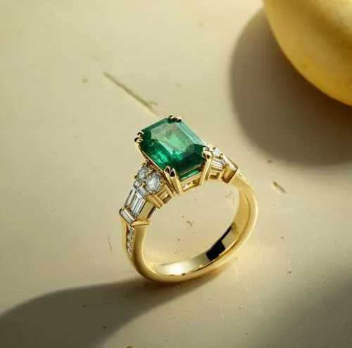 A ring with emerald and round diamonds and baguette diamond , high quality, high resolution, ultra distills, 8k,a gold ring with green stone surrounded by a white diamond,cuban emerald,anello,bouchero