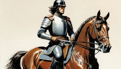 Hussar, 1978 animated edition, realistic, simplistic, detailed, multi-layered, Fully Armored, (flowing brown hair), ((simple weathering)), dirty, action lines, (ink pen style), (Alan Lee Style), (copi