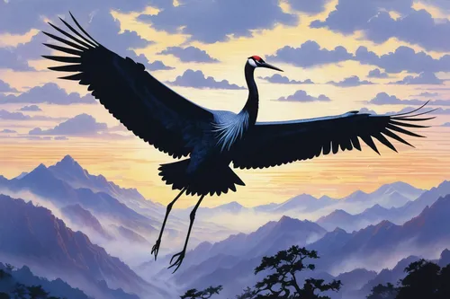 Imagine a crane bird gliding through the misty mountains at dawn.,crane bird flying,grey neck king crane,eastern crowned crane,fujian white crane,crane-like bird,crane,grey crowned crane,demoiselle cr