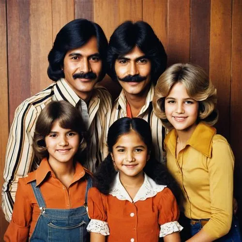 1970s family, vintage, warm colors, wooden background, golden frame, father, mother, two kids (boy & girl), smiling faces, casual wear, flared pants, bell-bottom jeans, striped shirts, big collars, bo