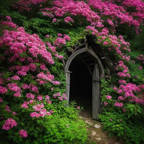 fairy door,garden door,tunnel of plants,fairy house,wooden door,secret garden of venus,the threshold of the house,cottage garden,pink azaleas,azaleas,doorway,wishing well,creepy doorway,old door,the door,to the garden,heaven gate,flower garden,open door,lilac arbor,Photography,Documentary Photography,Documentary Photography 25