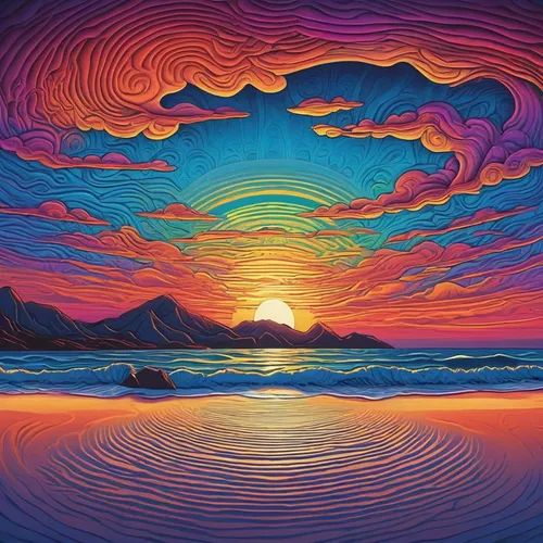 coral swirl,rainbow waves,psychedelic art,coast sunset,sun,layer of the sun,mountain sunrise,currents,acid lake,psychedelic,kaleidoscopic,aura,morning illusion,waves circles,ocean,sunset glow,lsd,vortex,sunrise beach,dune sea,Illustration,Abstract Fantasy,Abstract Fantasy 21