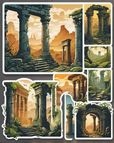 Ancient ruins, mysterious, abandoned, stone structures, intricate carvings, vines crawling, moss covering, crumbling walls, broken columns, overgrown with foliage, misty atmosphere, golden hour lighti