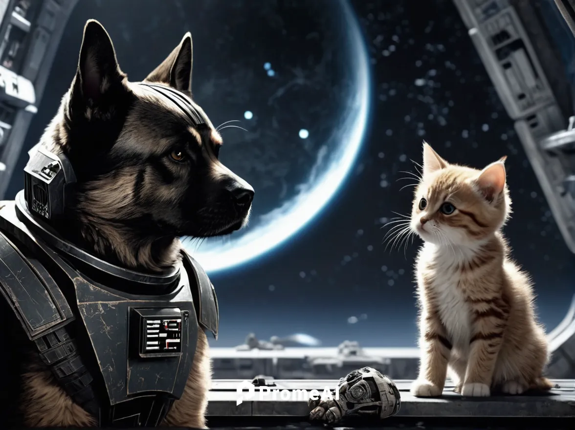 dog vs cat, in space, star wars movie style,dog and cat,dog - cat friendship,king shepherd,companion dog,the cat and the,gsd,cat lovers,cat image,shepard,dog cat,sci fi,animal film,for pets,two cats,c