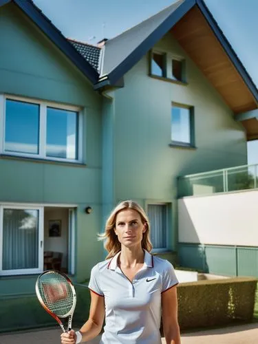 Miss Caroline Maurer in a tennis look in front of her German single-family home bungalow in the city center in a bright daylight atmosphere,a woman tennis player is standing on the court in front of h