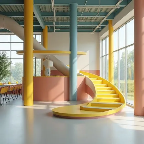 school design,children's interior,school benches,children's playground,steel stairs,staircase,Photography,General,Realistic