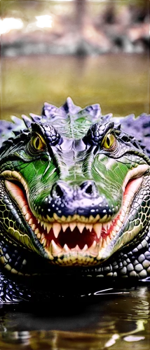 American alligator, green scaly skin, sharp teeth, powerful jaws, swamp water, murky background, close-up facial shot, low-angle composition, dramatic lighting, shallow depth of field, wet texture, ro