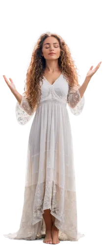 Ethereal woman, flowing white dress, bare feet, long curly hair, gentle smile, eyes closed in meditation, arms outstretched, palms up, soft glowing aura, misty fog surrounding, warm sunlight filtering