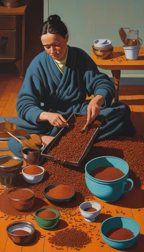 yunnan,girl with cereal bowl,woman drinking coffee,pu'er tea,khokhloma painting,tea ceremony,junshan yinzhen,tieguanyin,da hong pao,luo han guo,pouring tea,meticulous painting,cooking pot,pu-erh tea,dianhong tea,japanese tea,chinese art,girl in the kitchen,maojian tea,cloves schwindl inge,Conceptual Art,Daily,Daily 29