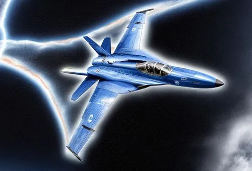 
Kampfflugzeug im blauen Himmel mit Kumulus Wolken im Hintergrund. Fliegt eine enge Kurve in Luftschlacht.

,a blue fighter jet with an electric discharge coming out of the wing,thunderjet,flanker,thu