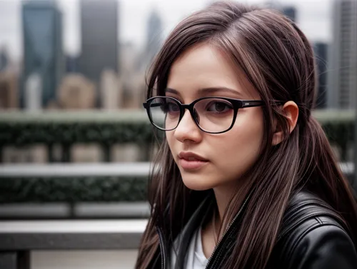 wearing black glasses with a blurred city background,reading glasses,eyeglasses,silver framed glasses,with glasses,eye glasses,eye glass accessory,glasses,asian woman,smart look,eyeglass,lace round fr