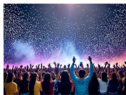 crowd, concert, night scene, colorful stage lights, spotlights shining down, excited faces, raised hands, cheering, singing along, casual clothing, jeans, t-shirts, sneakers, smartphones recording, co