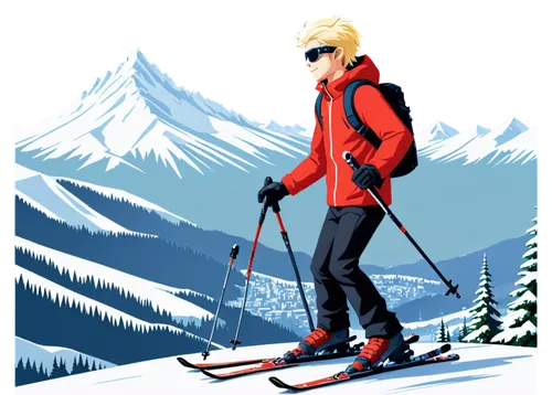 Ski resort, snowy mountain, winter scene, solo male skier, 30s, athletic build, fair skin, short blond hair, goggles, red ski jacket, black pants, boots, holding ski poles, dynamic pose, action shot, 