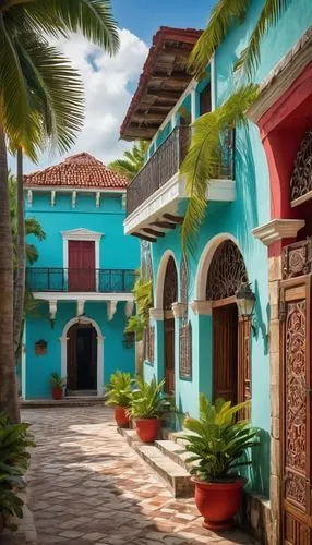 Belize architecture, colorful colonial-style buildings, wooden shutters, ornate balconies, vibrant turquoise walls, red-tiled roofs, intricate stone carvings, grand entrance gates, lush greenery surro