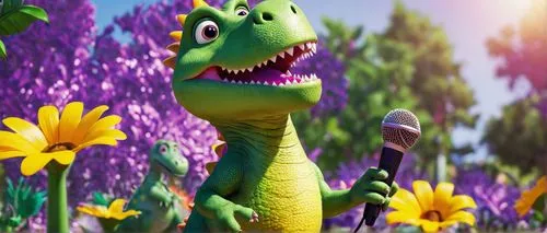 Green dinosaur, Barney, friendly, smiling, big eyes, spiky hair, purple spots, shiny scales, standing, dancing, singing, holding a microphone, colorful background, sunny day, outdoor, playground, flow