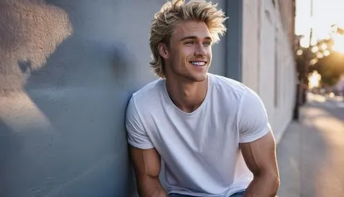 handsome, blonde man, muscular, 25yo, blue eyes, strong jawline, small nose, bright smile, messy hair, casual wear, white T-shirt, ripped jeans, sneakers, leaning against wall, city street, afternoon 