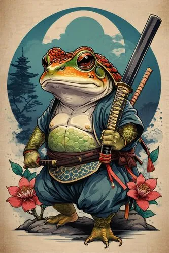 sketch for a tattoo, color drawing, traditional Japanese tattoo, samurai warrior kawaii toad with a katana ukiyo-e style. chinese ink, vector style, t-shirt design.
,frog king,true toad,bufo,map turtl