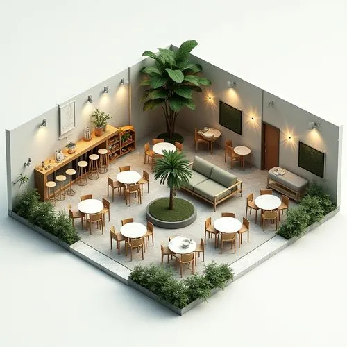 Create a 3D visualization of a modern cafe interior layout. The design features a long bar counter with high stools (BA) near the left entrance. The central area includes various seating arrangements 