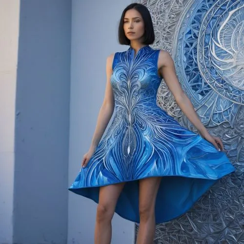 blue dress,tahiliani,a floor-length dress,blue peacock,liara,blue enchantress,Illustration,Abstract Fantasy,Abstract Fantasy 21