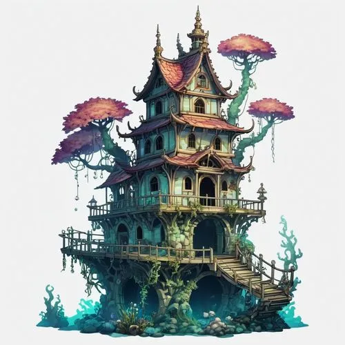 mushroom island,yamatai,house of the sea,floating island,floating islands,fairy house,Illustration,Abstract Fantasy,Abstract Fantasy 11