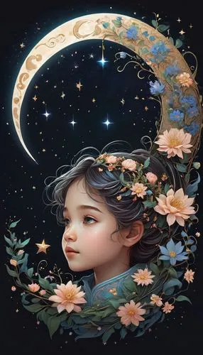 A large, intricate design of a crescent moon filled with blooming flowers and delicate vines, with tiny stars scattered around.CComparing the Earth and the Milky Way,
,qixi,diwata,moon and star backgr