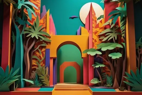 lowpoly,cartoon forest,polyneices,low poly,diorama,3d fantasy,tropicana,cartoon video game background,cabana,art deco background,imaginationland,gondwanaland,lagoon,background design,tropicale,jungle,3d background,tropical jungle,stage design,3d render,Unique,Paper Cuts,Paper Cuts 10