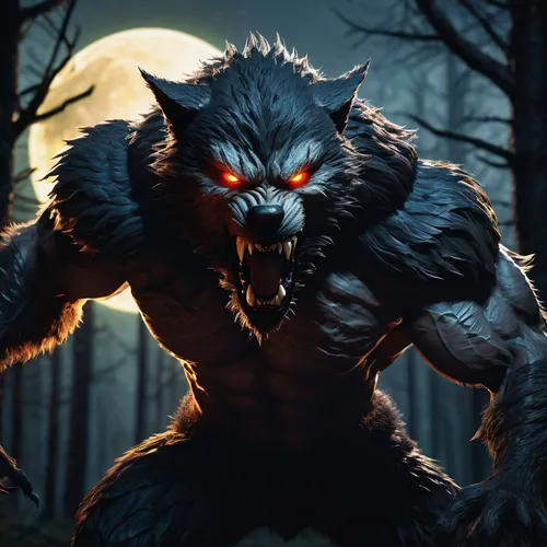 werewolf transformation, fantasy character, snarling face, sharp fangs, glowing eyes, thick fur, muscular build, clawed hands, torn clothes, full moon, forest background, dynamic pose, action scene, d