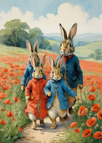 rabbit family of 4, father, mother and 2 daughters.
poppy seed field, wild flowers
human features, walking upright, Peter Rabbit, Beatrix Potter,peter rabbit,hare field,poppy family,hares,rabbits and 