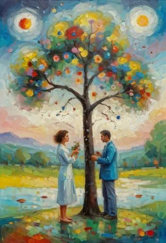 oil painting on canvas,khokhloma painting,romantic scene,oil painting,art painting,young couple,oil on canvas,painted tree,mostovoy,glass painting,motif,girl and boy outdoor,colorful tree of life,elderly couple,carpani,two people,church painting,courtship,bishvat,apple tree