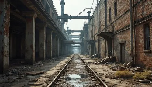 Rustic industrial landscape, abandoned factories, distressed brick walls, decaying metal structures, worn wooden planks, weathered concrete surfaces, durable materials, high-strength steel alloys, cor