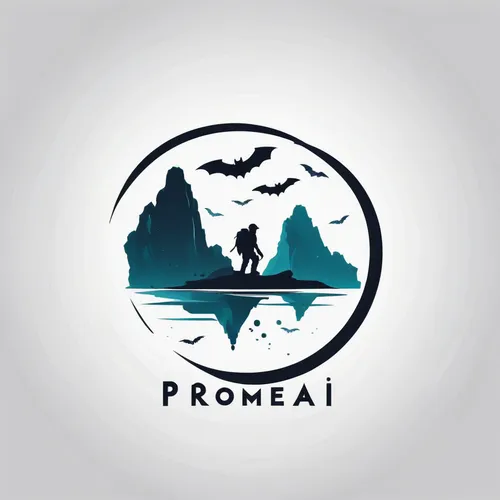 minimalist Logo for Promeai on the theme of Silhouette speleology, deep, vector art, flat design, white background, design composition, caves, hazy, reflection, digital art, digital painting, bats, gl