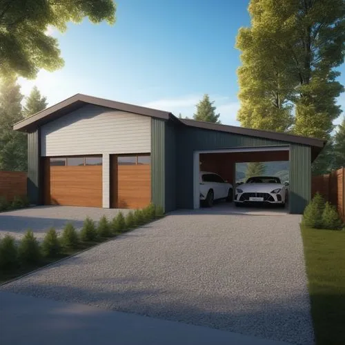 add rolling doors to left. keep same coloring,a garage is shown with a large car in the garage,3d rendering,garage,garages,carports,carport,render,driveways,garaged,sketchup,3d rendered,revit,3d rende