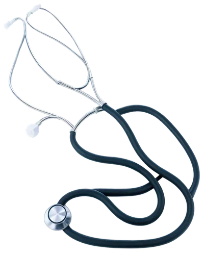 Stethoscope, medical tool, silver metal, rounded chest piece, dual ear tubes, black rubber tubing, shiny surface, detailed texture, lying on white background, soft focus, shallow depth of field, warm 