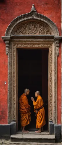 Similar to the image above. I set up a tripod and shot several frames of  people, monks included, coming and going through this doorway.f/5.6, 1/15 sec, at 35mm, 200 ISO, on a X-Pro1,buddhists monks,b