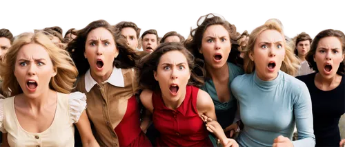 crowd, panicking, chaotic scene, multiple people, different ages, genders, facial expressions, varied clothing, accessories, running, screaming, pushing, shoving, frightened eyes, open mouths, detaile