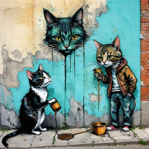 street artists,streetart,street art,cats on brick wall,alleycat,urban street art,Illustration,Realistic Fantasy,Realistic Fantasy 23