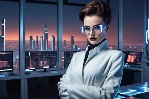 Margo, AI researcher, futuristic laboratory, white coat, black glasses, short brown hair, minimal makeup, elegant posture, standing, hands behind back, futuristic computer screens, metallic tables, ne