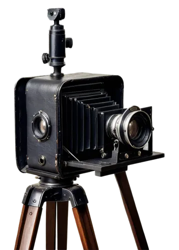 Historical photograph, black and white, old camera, worn leather case, antique wooden tripod, studio setting, softbox lighting, shallow depth of field, cinematic composition, 3/4 view, realistic textu