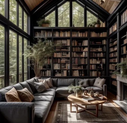 bookshelves,book wall,reading room,bookcase,bookshelf,the cabin in the mountains,livingroom,living room,great room,interior design,wooden windows,beautiful home,wooden beams,interiors,log home,loft,tr