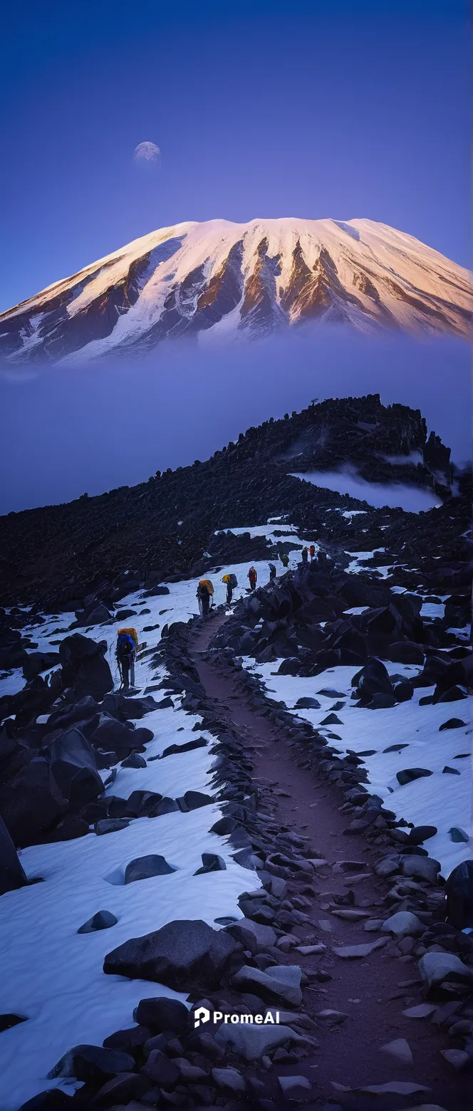 Porters walk up the steep, icy, and rocky trail of the Western Breach in the early morning hours on Mt Kilimanjaro.,teide national park,teide,el teide,mount kilimanjaro,tongariro,ruapehu,tongariro nat