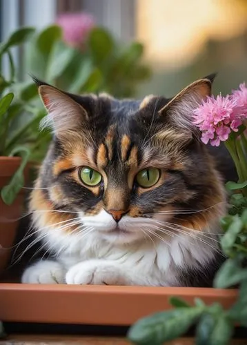 Fluffy, tortoiseshell, cat, cute, whiskers, pink nose, white paws, sitting, lying down, sleeping, relaxed, soft fur, curly tail, bright eyes, home interior, windowsill, flower pot, green plants, morni