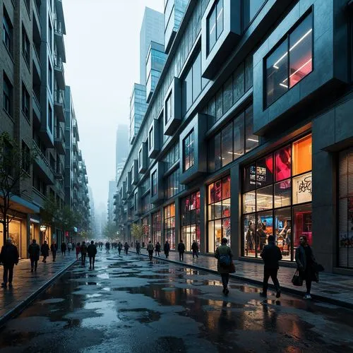 shopping street,3d rendering,storefronts,render,paris shops,renderings,3d render,store fronts,unbuilt,3d rendered,streetscape,pedestrianized,renders,street scene,urbanworld,city corner,shopfronts,city scape,citycenter,microdistrict