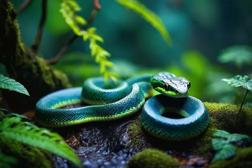 Transparent snake, reptile, slithering movement, shiny scales, greenish-blue color, tropical forest, vines entwined trees, misty atmosphere, warm lighting, macro shot, shallow depth of field, vibrant 