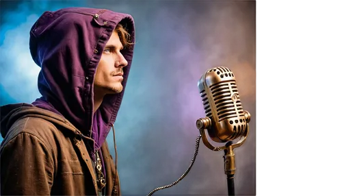 Mysterious, eerie atmosphere, dark background, glowing purple mist, old-fashioned microphone, intricate mechanical details, copper wires, vintage speakers, mysterious blue eyes, hoodie with a hood up,