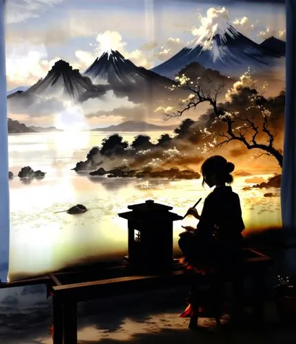 erhu,shamisen,tea ceremony,ukiyoe,japanese art,tea zen,Illustration,Paper based,Paper Based 30