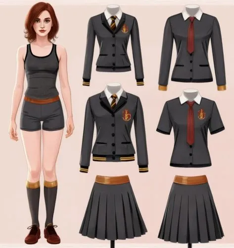 Paper doll Hogwarts 16 year old schoolgirl in black sleeveless shirt ,black tight fit spandex shorts with black sock and black shoe standing surrounded by with a set of Hogwarts Gryffindor school unif